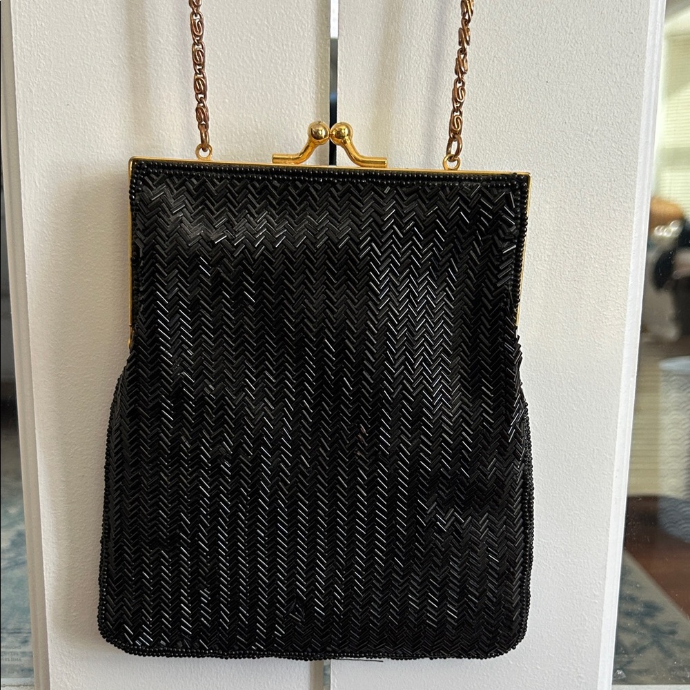 Vintage Bloomingdale’s black herringbone beaded evening bag (fits your phone!)